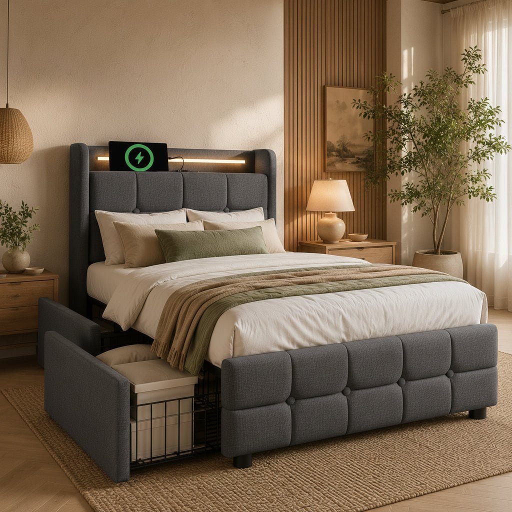 Upholstered Bed with USB Charging, LED Headboard - Image 2